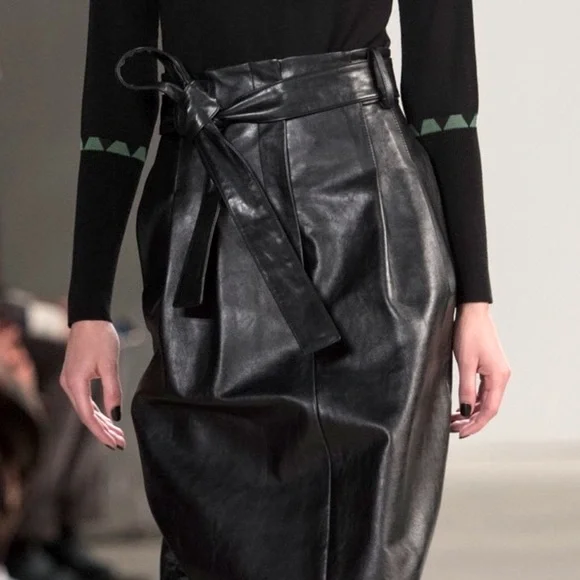 Creatures Of The Wind Runway Black Leather Belted Midi Skirt Size 8